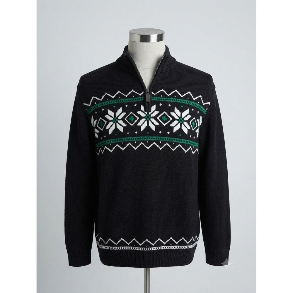 Chaps Mens XXL Black Fair Isle Snowflake Quarter Zip Pullover Sweater Mock Neck